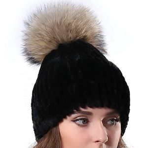 Rex Rabbit Fur Hat with Raccoon Fur Pom Pom